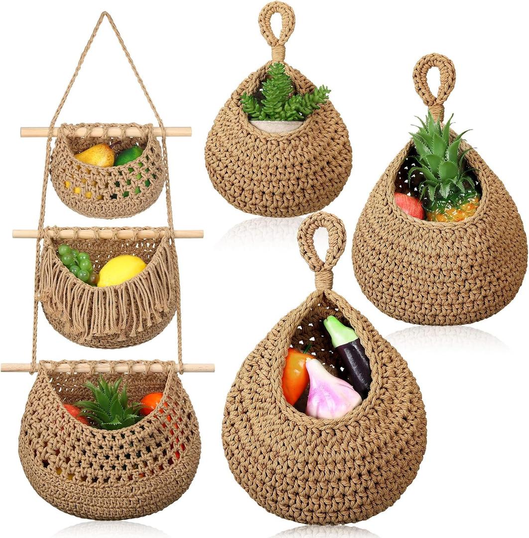 Windyun 4 Pcs Hanging Fruit Basket Teardrop Baskets Handmade Woven Cotton Rope 3 Tier over the Door Organizer Hanging Boho Wall Decor for Storage Kitchen(Brown)