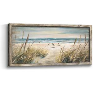 Beach Ocean Painting Wall Art: Framed Coastal Picture Wooden Sea Bird Print Seaside Sand Seascape Artwork Decor for Living Room Bedroom Bathroom 24x12 inch (24L" x 12W")