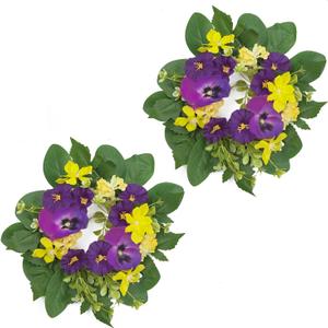 WELL KNOWN 2 Pcs Mini Spring Floral Candle Rings Wreaths for Pillars, 9" Artificial Flower Cabinet Wreath for Home Table Window Kitchen Farmhouse Wedding Party Hanging Decor (Purple & Yellow Flowers)