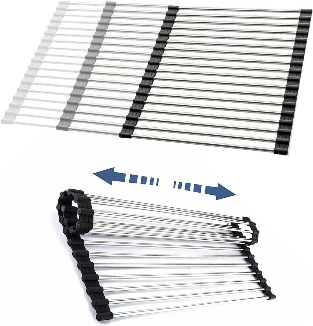 CHIRISEN Expandable Large Roll Up Dish Drying Rack, Foldable Over The Sink Dish Drying Rack, Rolling Dish Drainer Stainless Steel Roll Rack for Kitchen Sink Counter (Black, 21.25x12.79)