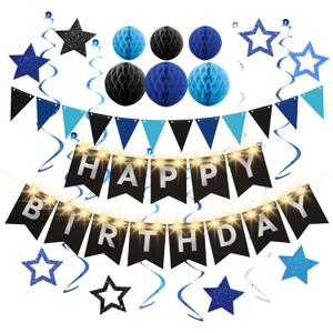 Birthday Decorations,Black Blue Happy Birthday Banner with Fairy lights,Pennant Banner,Honeycomb Balls and Star Hanging Swirls Streamer Happy Birthday Party Decorations for Women Men Boys Girls