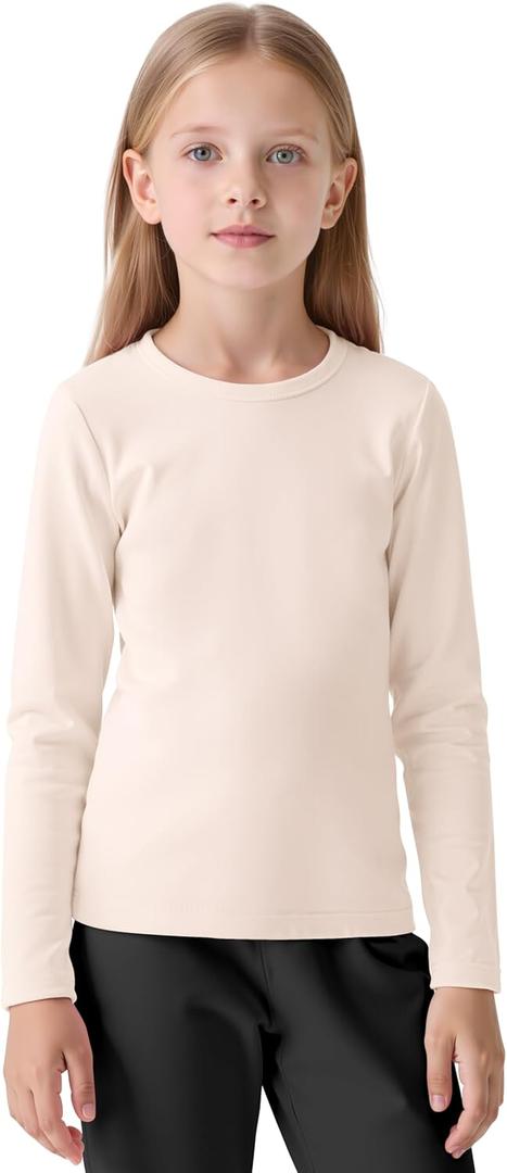 Resinta Girls Basic Long Sleeve Crew Neck Top Kids Layering Tees Casual Soft Solid Pullover T-Shirts 2-14 Years (8-10 Years, Beige)