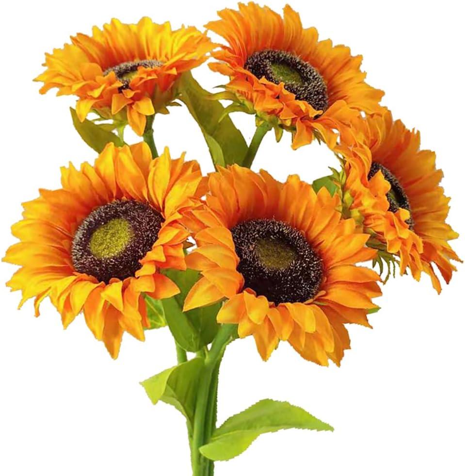 5pcs Artificial Sunflowers Vintage Fake Silk Sunflowers Fake Sunflowers Bouquet Large Sunflowers Decor for Home Hotel Office Wedding Party Garden(Orange)