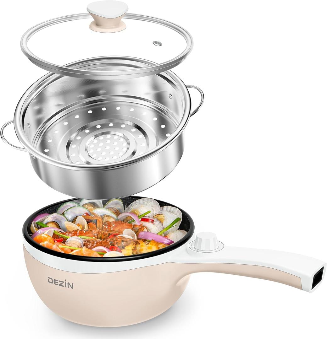 Dezin Hot Pot Electric with Steamer Upgraded, Non-Stick Saut Pan, Rapid Noodles Electric Pot, 1.5L Mini Pot for Steak, Egg, Fried Rice, Ramen, Oatmeal, Soup with Power Adjustment (Beige 2)