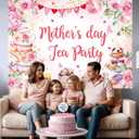 Mother's Day Tea Party Banner Backdrop 8x6FT Pink Floral Mother's Day Photography Background Let's Partea Thanks Mom Wall Decorations for Home
