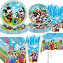 141Pcs Mickey Birthday Party Supplies include 7''plates, 9'' plates, Tablecloth, Forks, Kinfes, Spons, napkins, cups for the Mickey party decoration