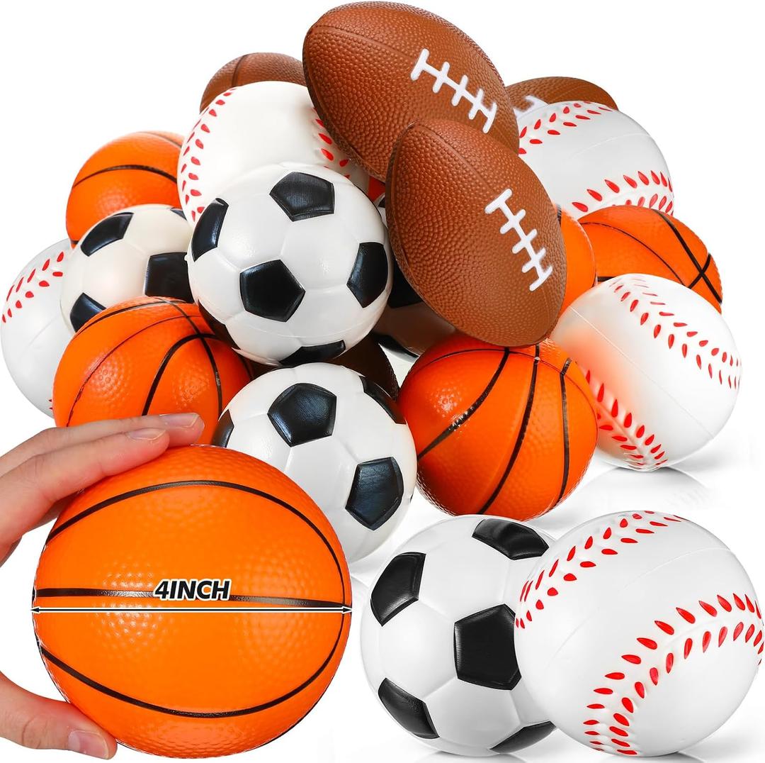 Leyndo 50 Pack 4" Extra Large Sports Stress Balls Bulk PU Squeeze Foam Balls Basketball, Football, Baseball, Soccer, Fidget Toy for Tension Relief Sport Party Favors Class Prizes Kids Adult