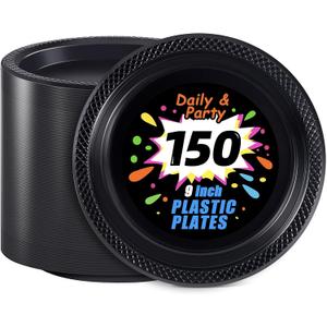 WELLIFE Black Plastic Plates 9 Inch -150 Count for Party, Plastic Disposable Dinner Plates for Halloween Picnic BBQ