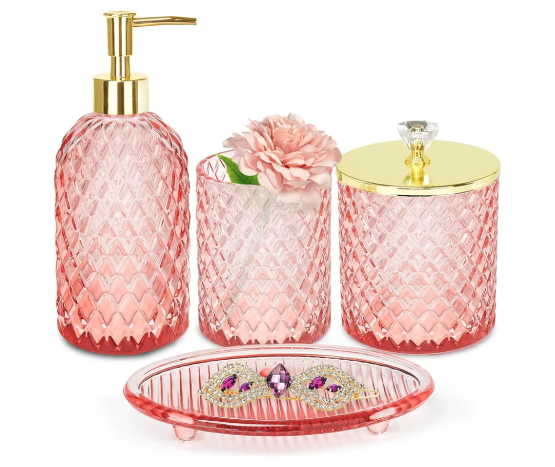 Haturi Pink Bathroom Accessories Set, 4 Pcs Glass Bathroom Accessory Set Complete w/Soap Dispenser, Toothbrush Holder, Qtip Holder, Vanity Tray, Gold Bathroom Set Decor, Gift for Girl Home Apartment