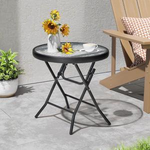 Foldable Side Table with Tempered Glass Top 18" Outdoor Folding Side Tables Small Glass Patio Table for Porch Yard Balcony Deck Lawn Dining Garden (Black)