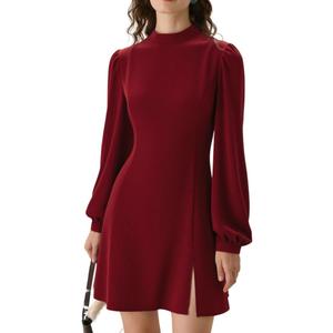 RIHOAS Women's High Neck Sheer Sleeve Cocktail Dress, Slim Fit Long Sleeve Side Slit Little Black Dress (Red, XS)