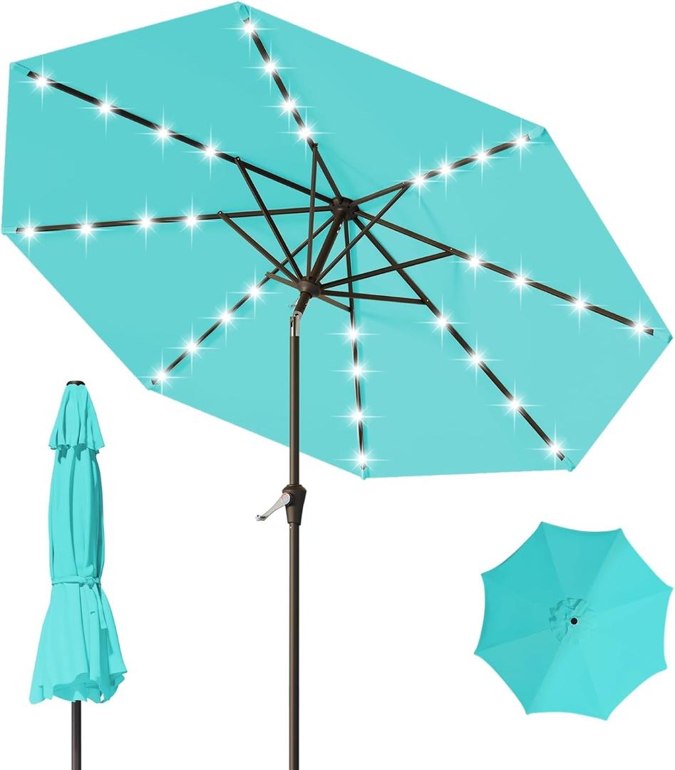 9FT Patio Umbrella with Solar Lights,Outdoor Market Umbrella with Tilt and Crank, LED Lighted Table Umbrella for Garden,Deck,Backyard,Pool,Beach (Peacock Blue)
