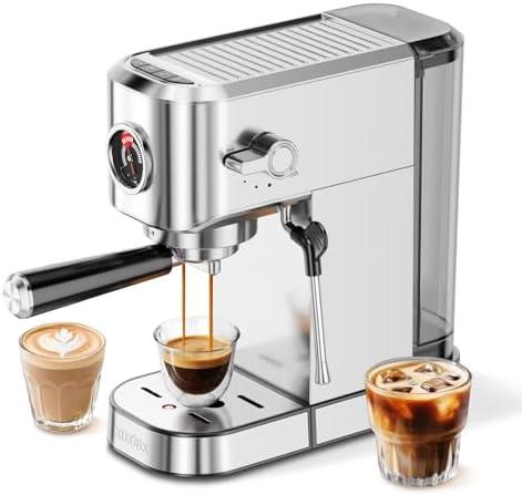 XIXUBX 20Bar Espresso Machine, Compact Espresso Maker with Milk Frother, Stainless Steel Coffee Machine for Cappuccino&Latte, 42oz Water Tank, Visible Pressure Gauge, Home&Office, Silver