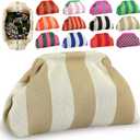 Mahjong Tile Bag Woven Clutch Purses for Women Woven Striped Dumpling Bag Summer Beach Evening Handbag for Mahjong Tile Vacation Supplies (Khaki Beige,Thick Lines)