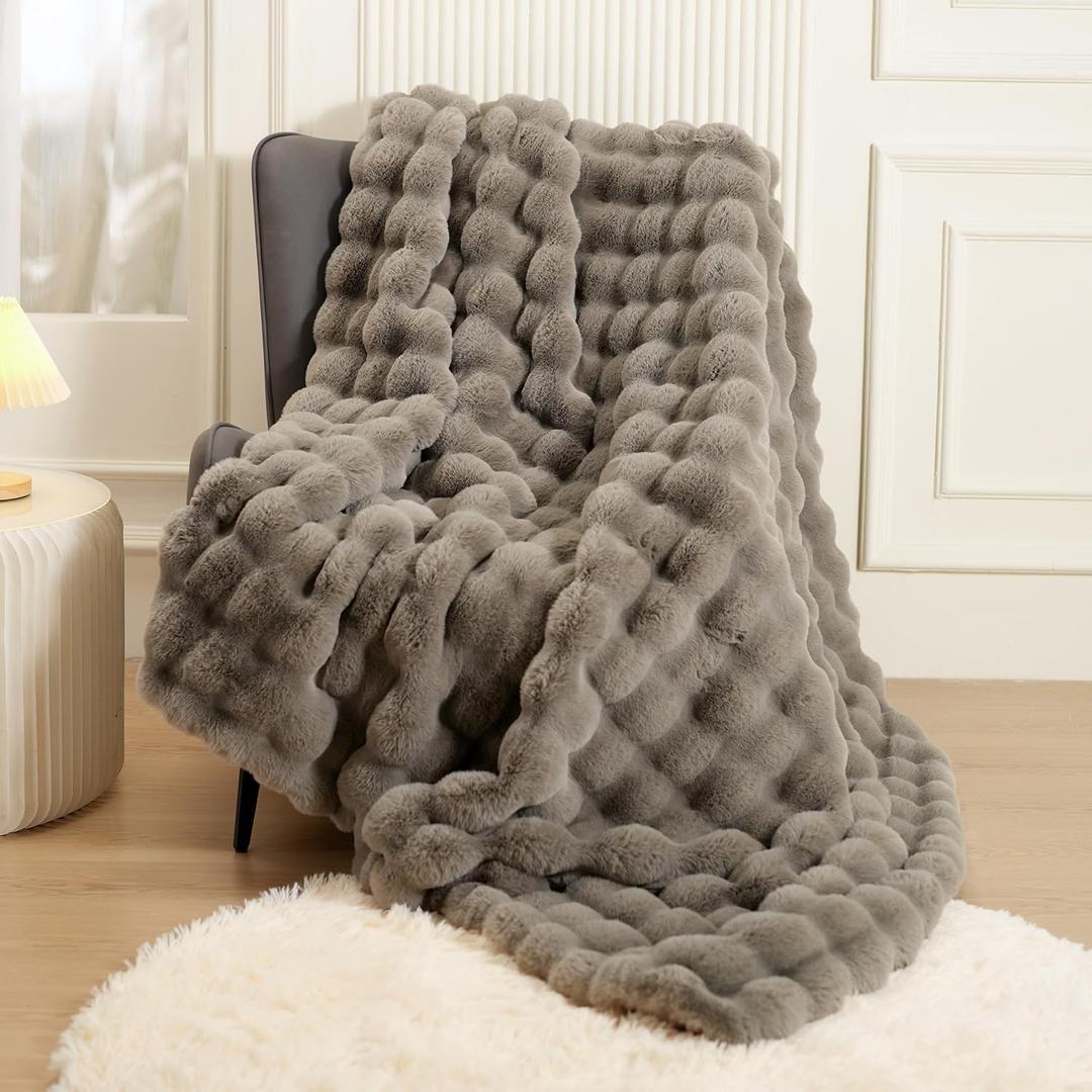 Super Comfort Oversized Warm Thick Bubble Luxury Plush Rabbit Faux Fur Throw Blanket, Fluffy Blanket,Soft Cozy Blanket for Couch Chair Bed Sofa Living Room (Grey, 60inX80in)
