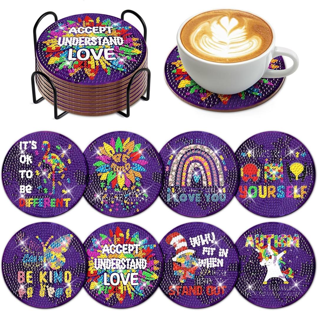 2 x 8 Pcs Autism Awareness Diamond Art Coaster with Holder DIY Autism Awareness Diamond Art Coaster for Adults Diamond Kits Supplies for Christmas