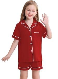 Veseacky Kids Pajamas Sets 100% Cotton ButtonDown Short Sleeve 2 Piece Pajamas Set Boys Girls Pjs (Red, 130)