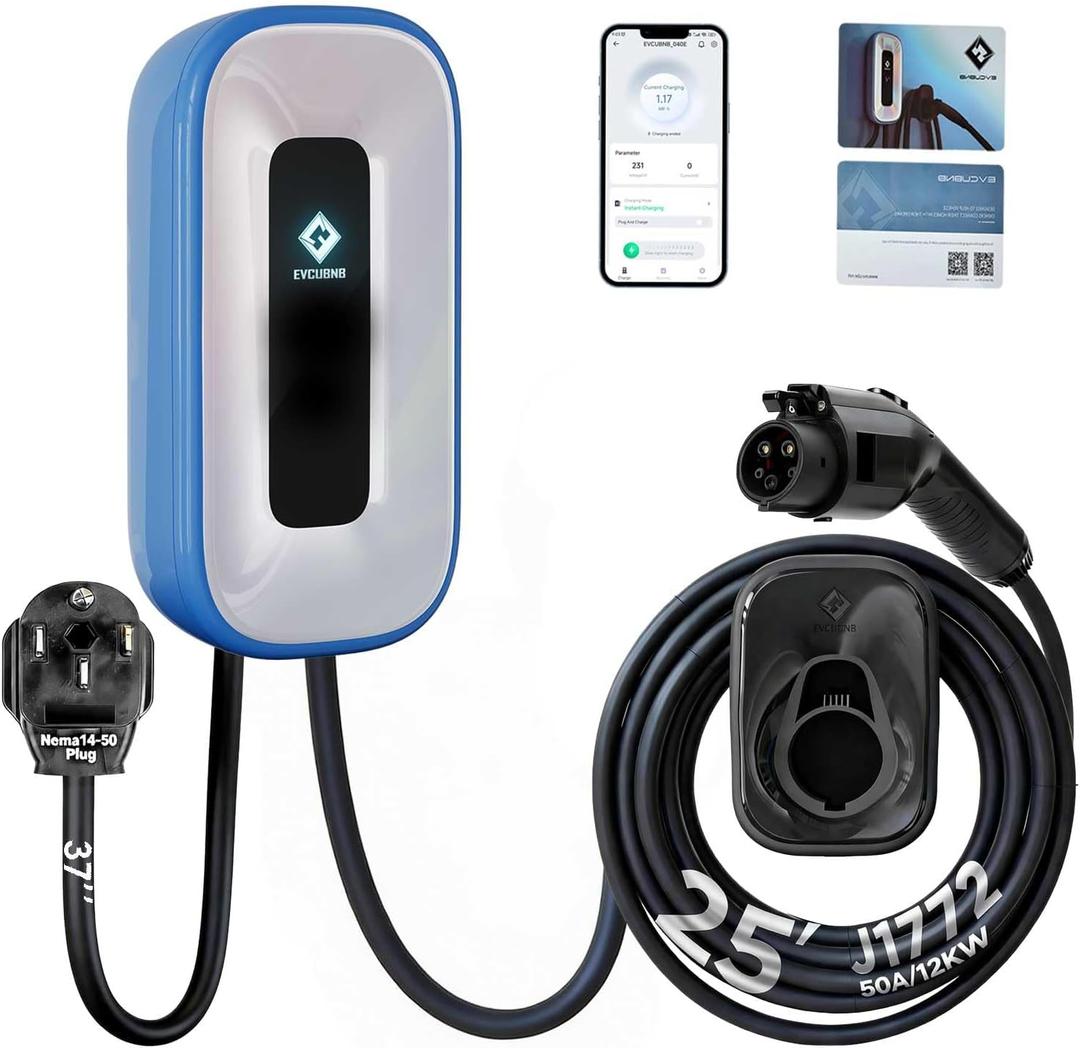 EV Charger Level 250 Amp/240V Charge Station, Indoor/Outdoor EVSE, 25Ft Cable Level 2 ev Charger, WiFi/APP/RFID/Bluetooth (NEMA14-50 Plug or Hardwired)