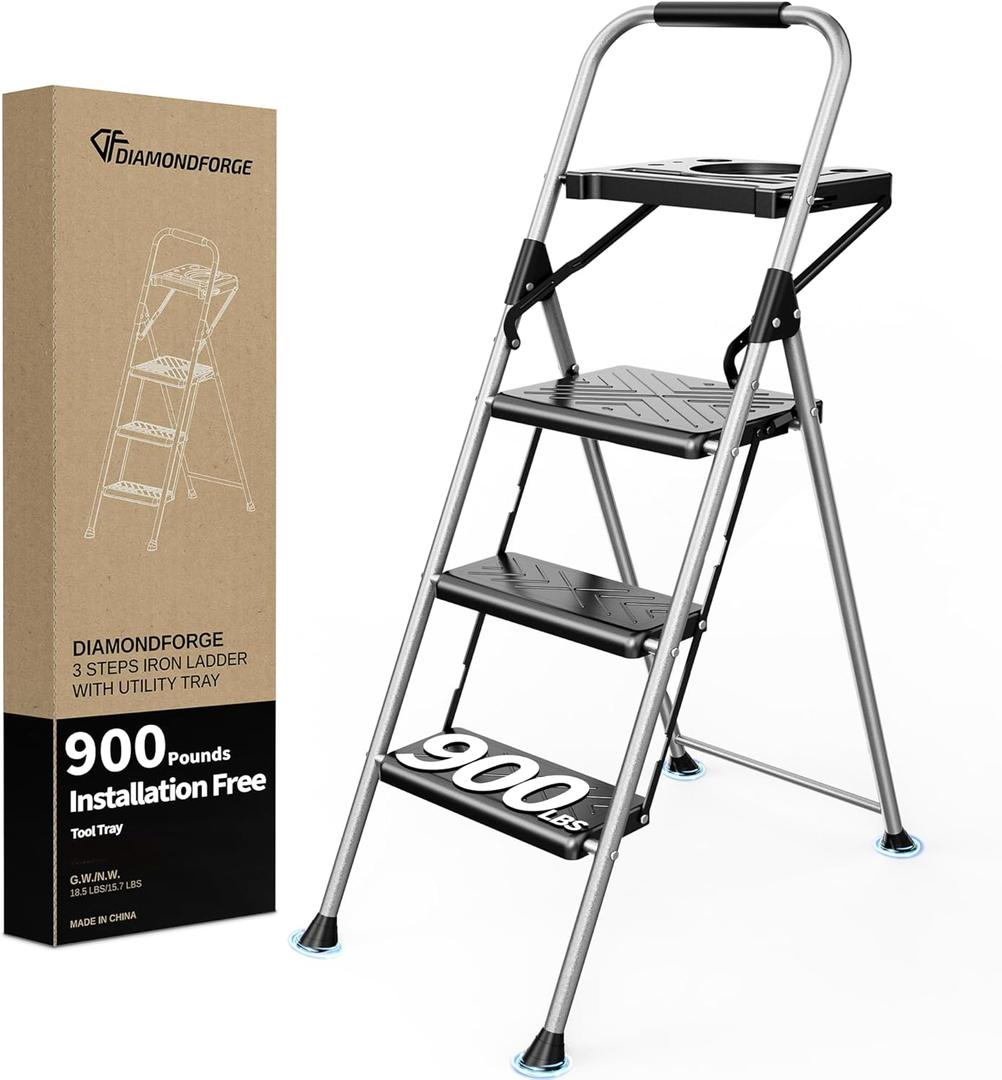 3 Step Ladder, Folding Step Stool with Tool Platform, Wide Anti-Slip Pedal and Anti-Slip Feet, Sturdiest Steel Construction, 900lbs Capacity Steel Ladder for Home Office, Grey (3 Step with Tool Platform)