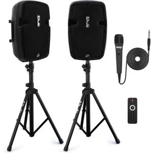 Pyle Powered Bluetooth PA Speaker Kit - Event Ready - Just Plug In and Play Active and Passive 350w Loudspeakers with Wired Microphone, Speaker Stands, Remote - MP3/USB/SD/AUX inputs - PPHP849KT