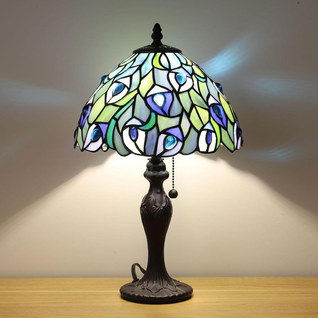Tiffany Table Lamp for Living Room Blue Phoenix Tail Stained Glass Table Lamps for Bedroom Hand-Made 3 Color Temperature Bedside Nightstand Lamp Home Office Desk Lamp 10X10X17Inch W/LED Bulb