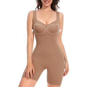 Decorus Women's Shapewear Tank Bodysuits - Plunge V Neck Sleeveless Shapewear Built in Bra V Backless Thong Body suits Tops Large, Brown (Mid Thigh)