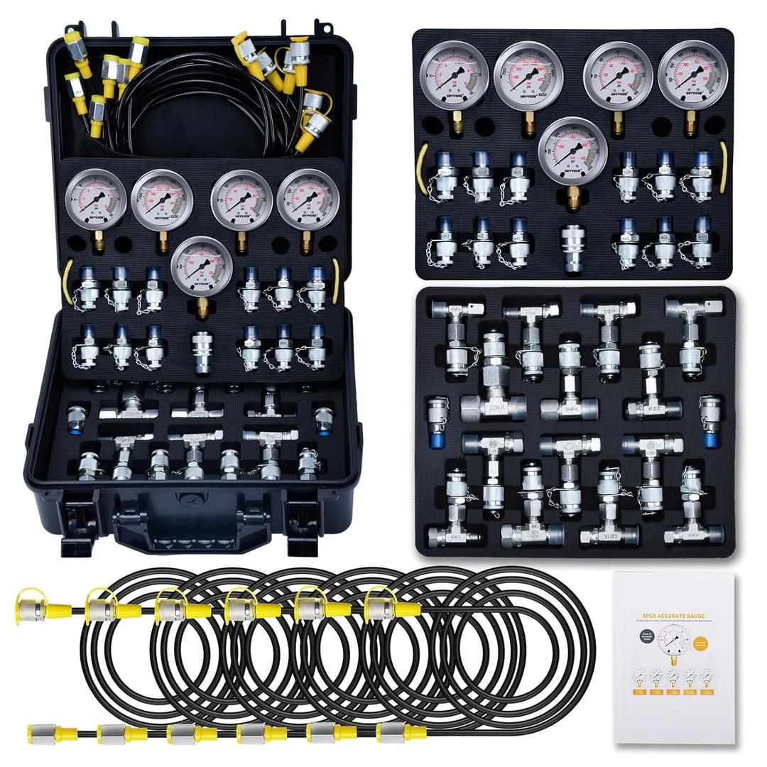 Hydraulic Pressure Test Kit with 5 Gauges(Max 10000 PSI), 13 Test Couplings 14 Tee Connectors 5 Test Hoses, Hydraulic Gauge Tester Set for Excavator, Construction, Machinery