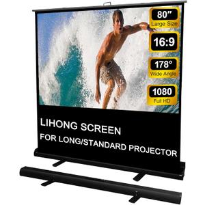 LIHONG Screen 80 inch 16:9 Manual Floor Rising Pull Up Projector Screen Portable Indoor & Outdoor 4K HD Matte White for Long Standard Projection Fast Setup for Home Theater Movies,Classroom,Office