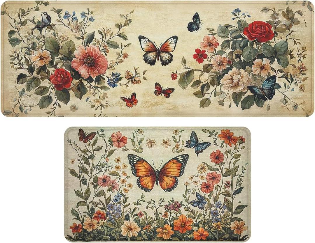 Butterfly Kitchen Rug 2 Piece Set Floral Garden Orange Flowers Art Kitchen Rugs and Mats Decor Kitchen Floor Mat Set Non-Skid Washable Kitchen Runner Rug 17x30+17x47 Inches