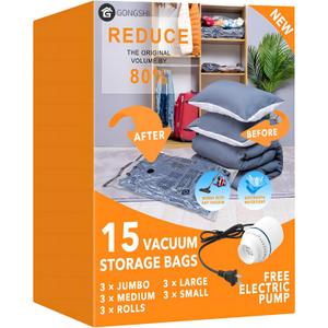 15 Pack Vacuum Storage Bags with Electric Pump (3 Jumbo, 3 Large, 3 Medium, 3 Small, 3 Roll Up), Plastic Packaging Bags,Space Saver Sealer Bag for Blankets, Comforters, Pillows, Clothes Storage