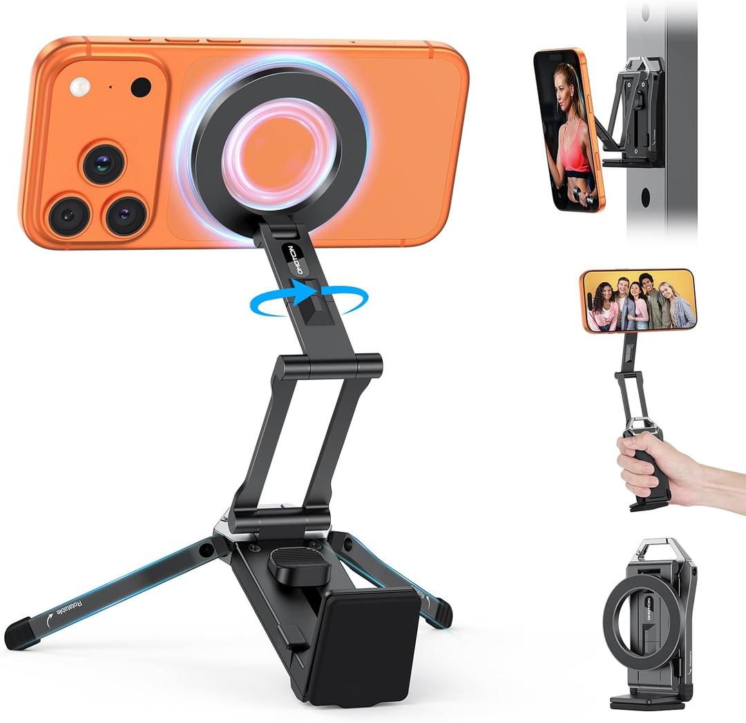 OMOTON 360Rotating for MagSafe Tripod Mount, Adjustable Aluminum Magnetic Phone Tripod for iPhone 17/16/15/14 Pro Max Air, Foldable Cell Phone Stand Fits Vlog, Gym, Travel Essentials Accessories