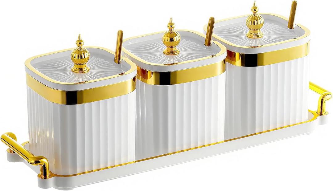 3 Pack Gold Condiment Spice Jars with Lids, Spoons, Tray - Plastic Seasoning Box Set for Salt, Pepper, Sugar - Kitchen Storage