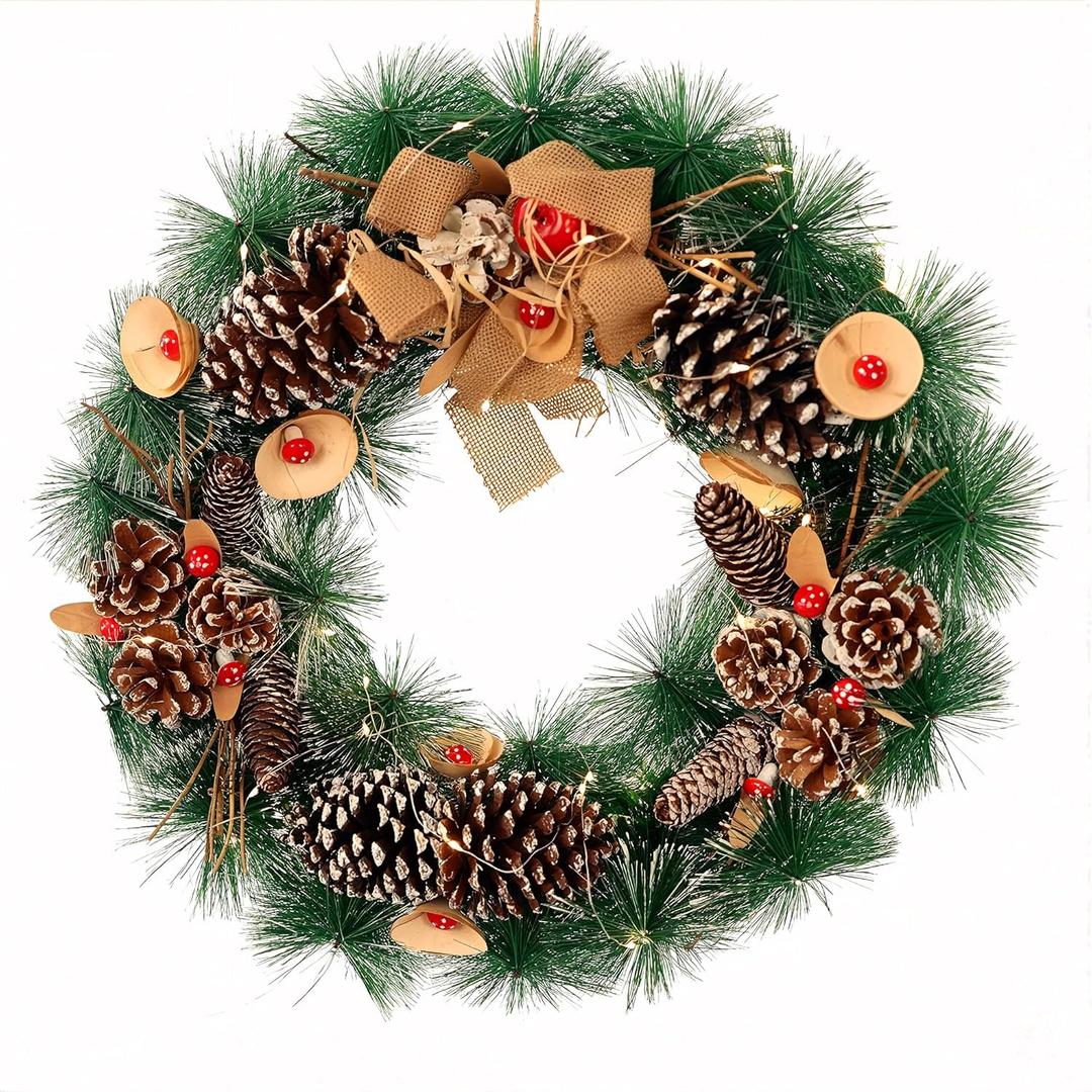20 Inch Christmas Wreath - Christmas Front Door Wreath Ornament with LED Lights Pinecone Berries Artificial Pine Garland for Party Table Fireplaces Porch Walls New Years Home Decor