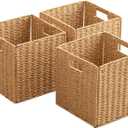 Foldable Storage Baskets with Handles Paper Rope Storage Baskets Rectangle Collapsible Hand Woven Storage Cubes Bins for Organizing Shelves Living Room Bedroom Pantry (3, 11'' x 11'' x 11'') (Natural)