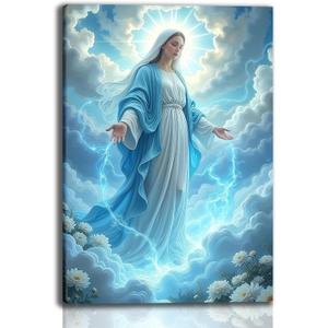 Framed Virgin Mary Wall Art Religious Christian Canvas Painting Blue Mother Surrounded by Clouds Spiritual Poster Print Picture for Living Room Prayer Room or Church 12X16In