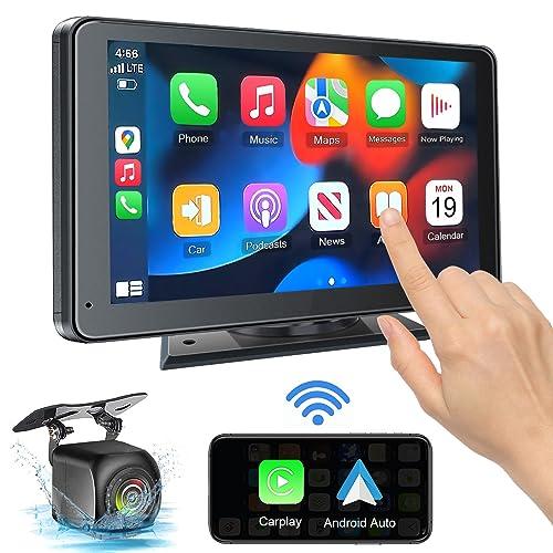 Portable Wireless with Apple CarPlay and Android Auto Screen for Car, 7" HD Touch Screen Car Stereo with Mirror Link, Bluetooth 5.2, Backup Camera, AUX,FM Transmitter for All Vehicle