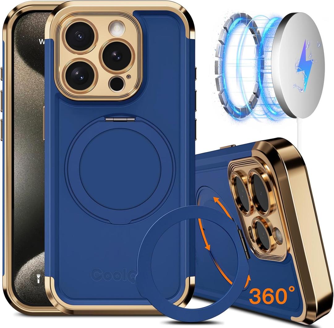COOLQO for iPhone 15 Pro Max Case 6.7'' Upgraded 360 Spin Magnetic Stand [Compatible with Magsafe][Military Protection] Shockproof Protective Phone Holder Cover for iPhone 15 Pro Max, Blue Gold