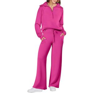 ANRABESS Women 2 Piece Outfits 2025 Fall Fashion Airport Wide Leg Pants Lounge Set Leisure Travel Vacation Clothes Sweatsuits (Large, Hot Pink)