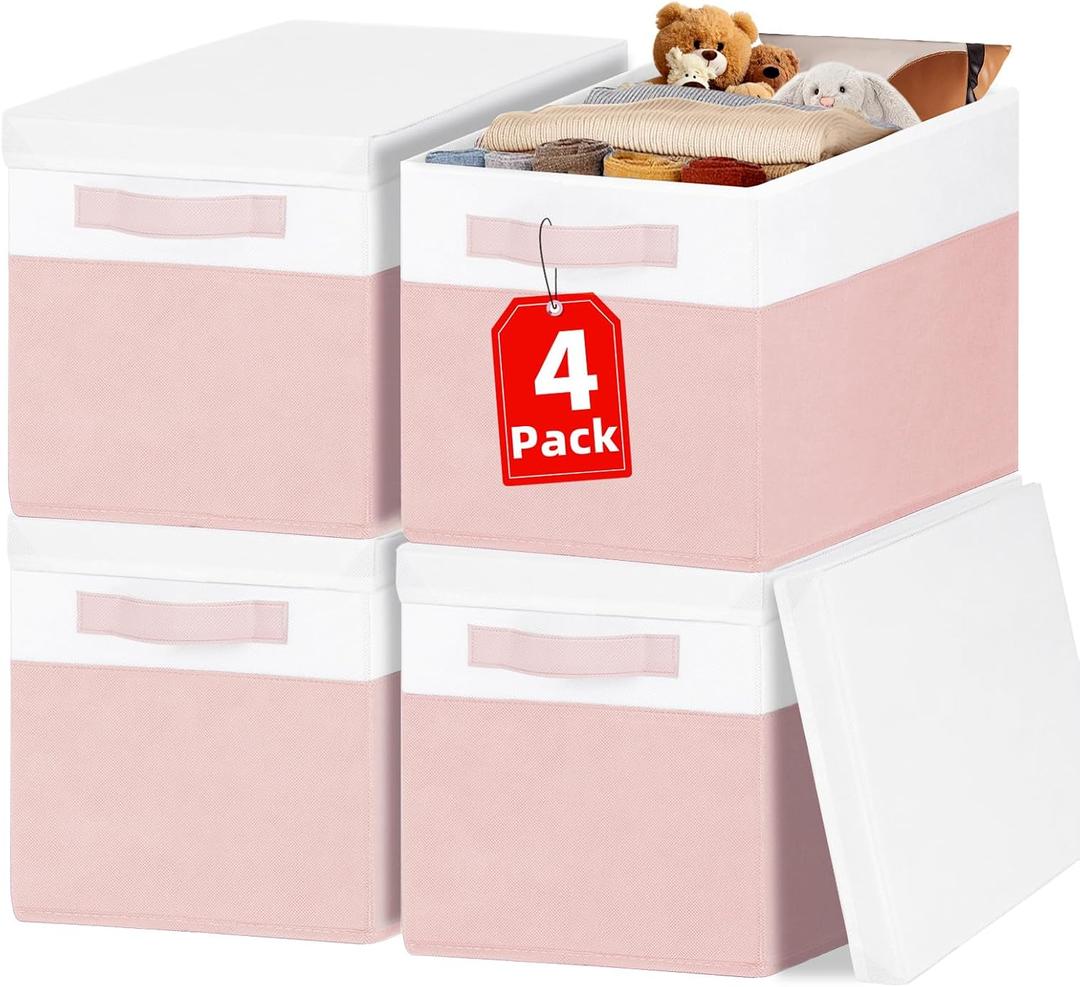 Large Closet Organizer Bins with Lids 4 Pack - 23 QT Collapsible Decorative Storage Boxes with Lids - Clothes Storage Bins with Handles - Fabric Containers for Living Room, Dorm, Nursery - Pink