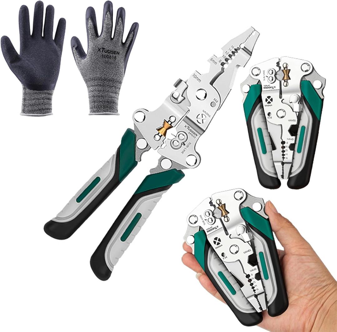 Professional Wire Stripper Pliers with Work Gloves, 9-in-1 Multitool, Foldable Design, Compression Connection Tool