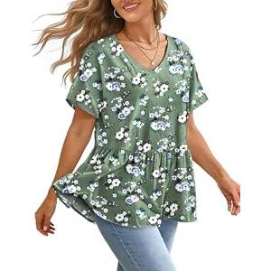 YESNO Women's Summer Tops Casual V Neck Babydoll Blouses Floral Short Sleeve Peplum Shirts L TH2 CR469