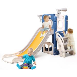 6 in 1 Toddler Playset with Slide,Toddler Slide,Slide for Kids with Basketball Hoop,Ball,Ring Toss,Kids Slide Toddler Playground Toddler Slide Indoor Outdoor Toys (Blue Yellow)