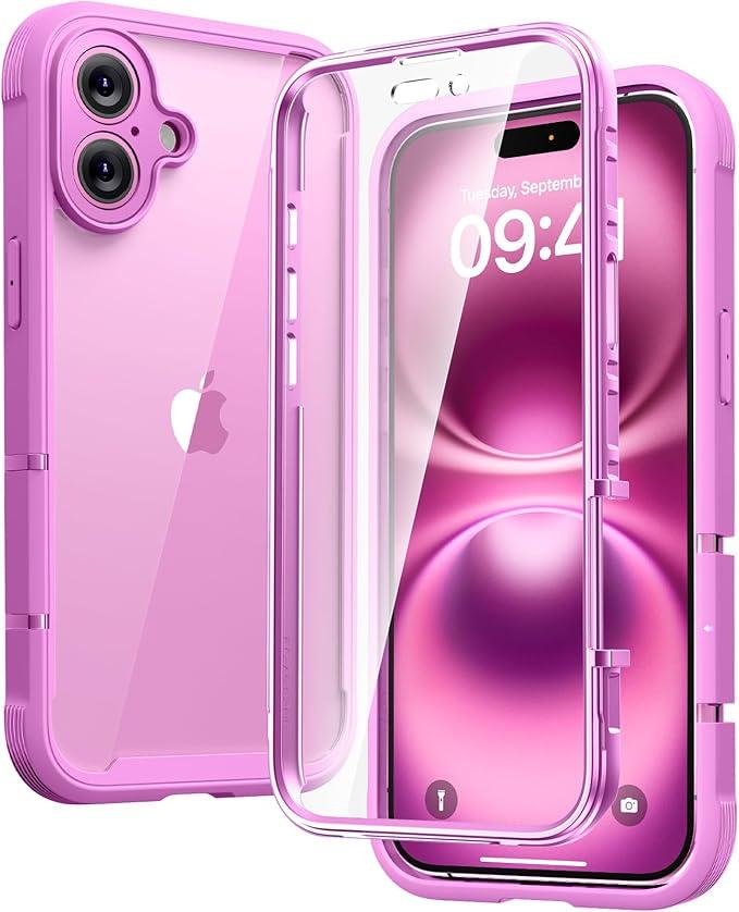 Diaclara Designed for iPhone 16 Plus Case 6.7 Inch,Upgraded [Full Camera Protection] Full Body Rugged Clear Bumper Case with Builtin Privacy Screen Protector for iPhone 16 Plus,Pink
