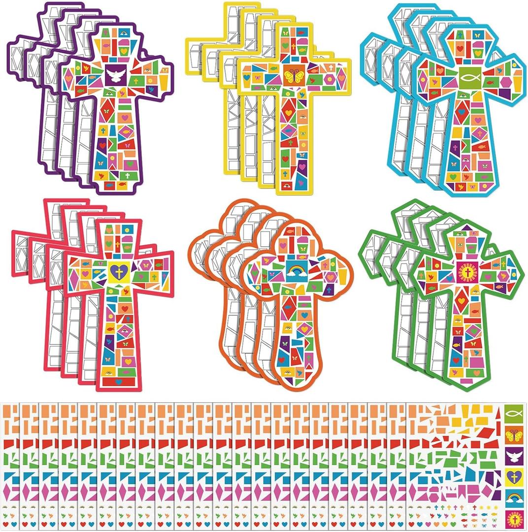 24 Sets Cross Mosaic Sticker Scenes Religious Cross Crafts Kits DIY Christian Sticker Scenes Vbs Art for Religious Gifts Church Christian Party Supplies