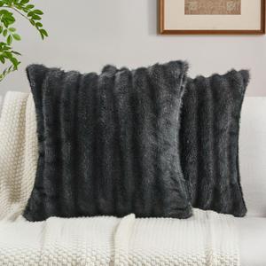 FUTEI Dark Grey Pink Decorative Throw Pillow Covers 18x18 Inch Set of 2,Soft Fluffy Faux Mink Fur Dyeing Striped Textured Cushion Case,Modern Home Decor for Couch Bed Living Room