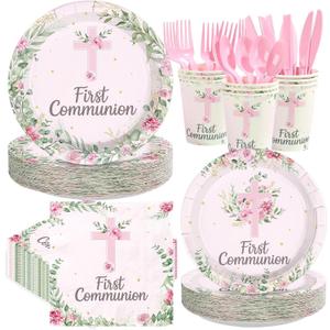 350 Pcs First Communion Decorations Pink First Communion God Bless Plates Napkins Cups Forks Knives Spoons Tableware Set for God Bless Christening Church Baptism Decorations Serves 50