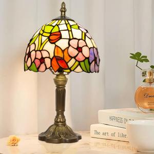 Small Tiffany Table Lamp, 3 Color Temperature, 8 Inch Antique Stained Glass Lamp for Bedroom Living Room Home, Handcrafted Light, Included Bulb ( Four Leaf Flower)