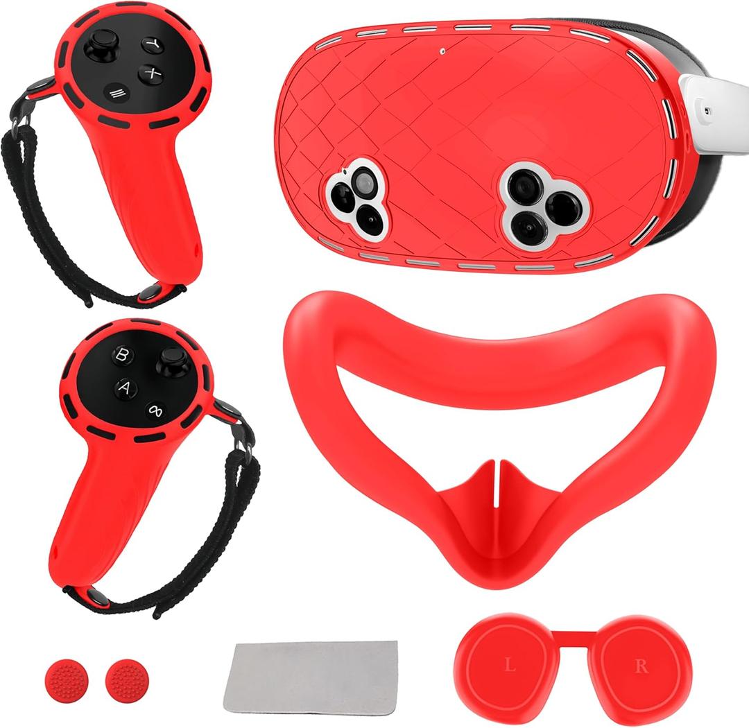 8-in-1 Silicone Cover Set for Meta Quest 3s Accessories, Juylay VR Protective Cover Accessories for Oculus Quest 3S with Facial Interface, Headset Shell Cover, Controller Grip Cover, Joystick Caps,Red