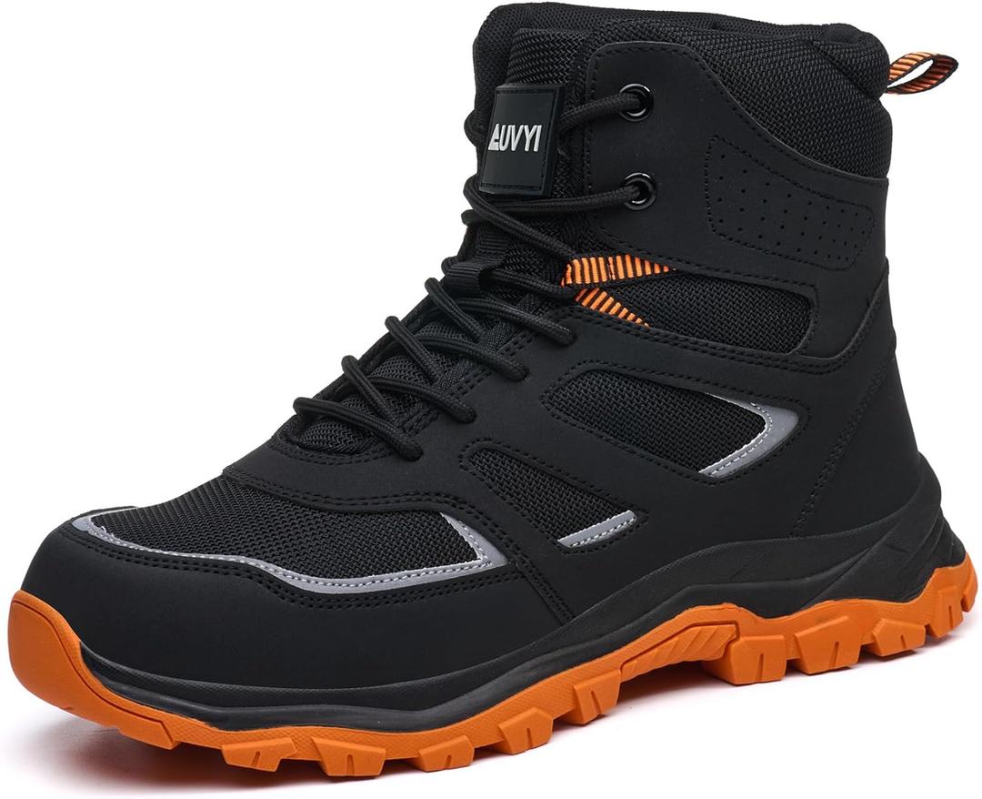 Steel Toe Work Boots for Men  Wide Toe Comfortable Lightweight Breathable Safety Shoes, Slip-Resistant Durable Construction & Industrial Footwear (12, Black)