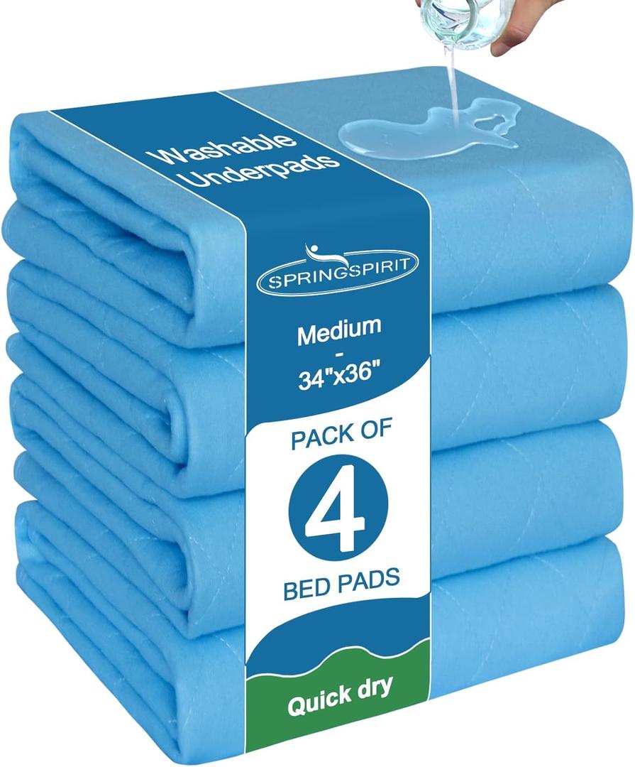 Bed Pads Washable Waterproof 34'' x 36'' (Pack of 4), Reusable Incontinence Underpads for Adults, Washable Pee Pads, Great for Dogs, Cats, Bunny, Seniors Bed Pad, Hospital Bed Sheets, Blue